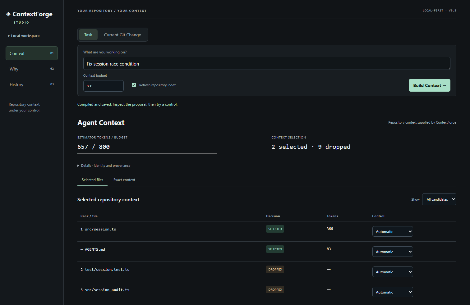 Real local Studio showing task context, selected candidates and budget